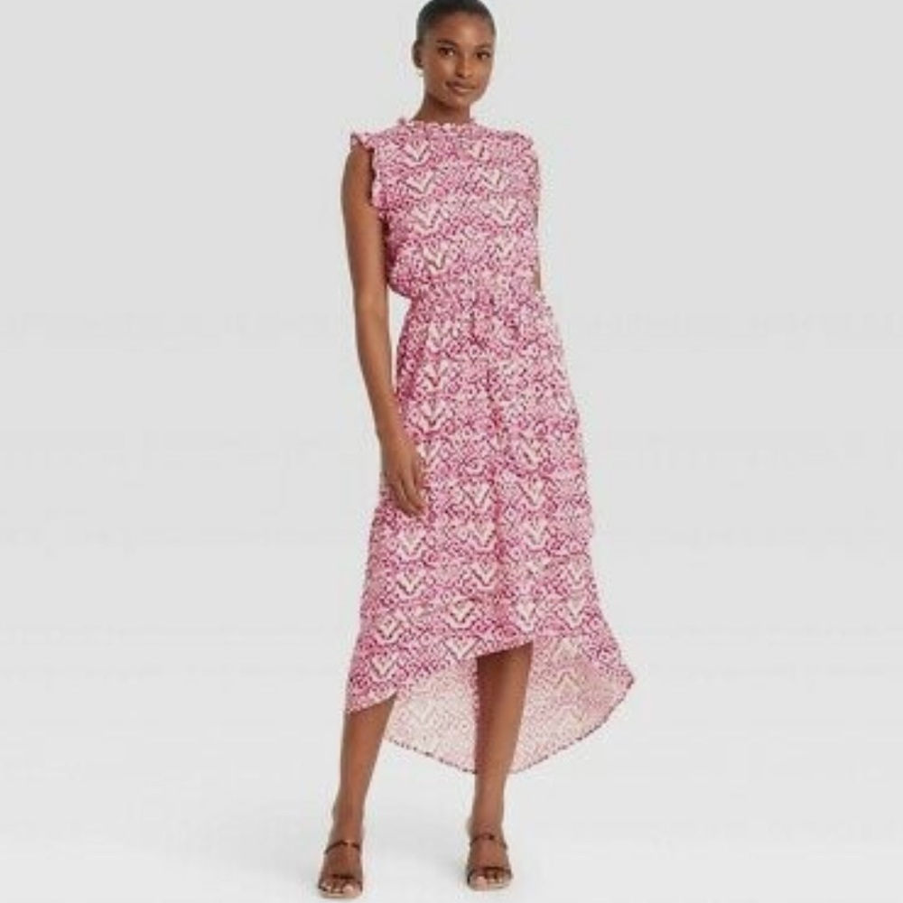 Who What Wear Sleeveless Ruffle hi-low hem midi Dress Pink Batik XS Rayon New
